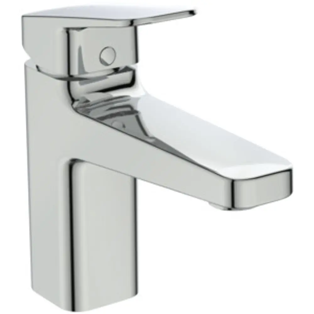 Chromfarbene Waschtischarmatur von Ideal Standard mit flachem Hebel und eckigem Design. Geeignet für moderne Badezimmer.